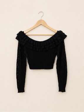 Marissa Webb Pointelle Knit Ruffled Cropped Sweater Black Button Back
